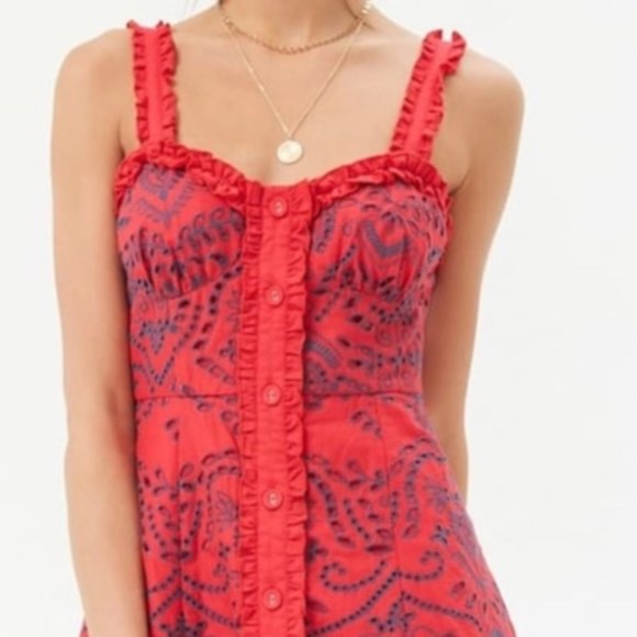 Forever 21 Red Eyelet Button Down Ruffle Mini Sun Dress - Picture 3 of 3